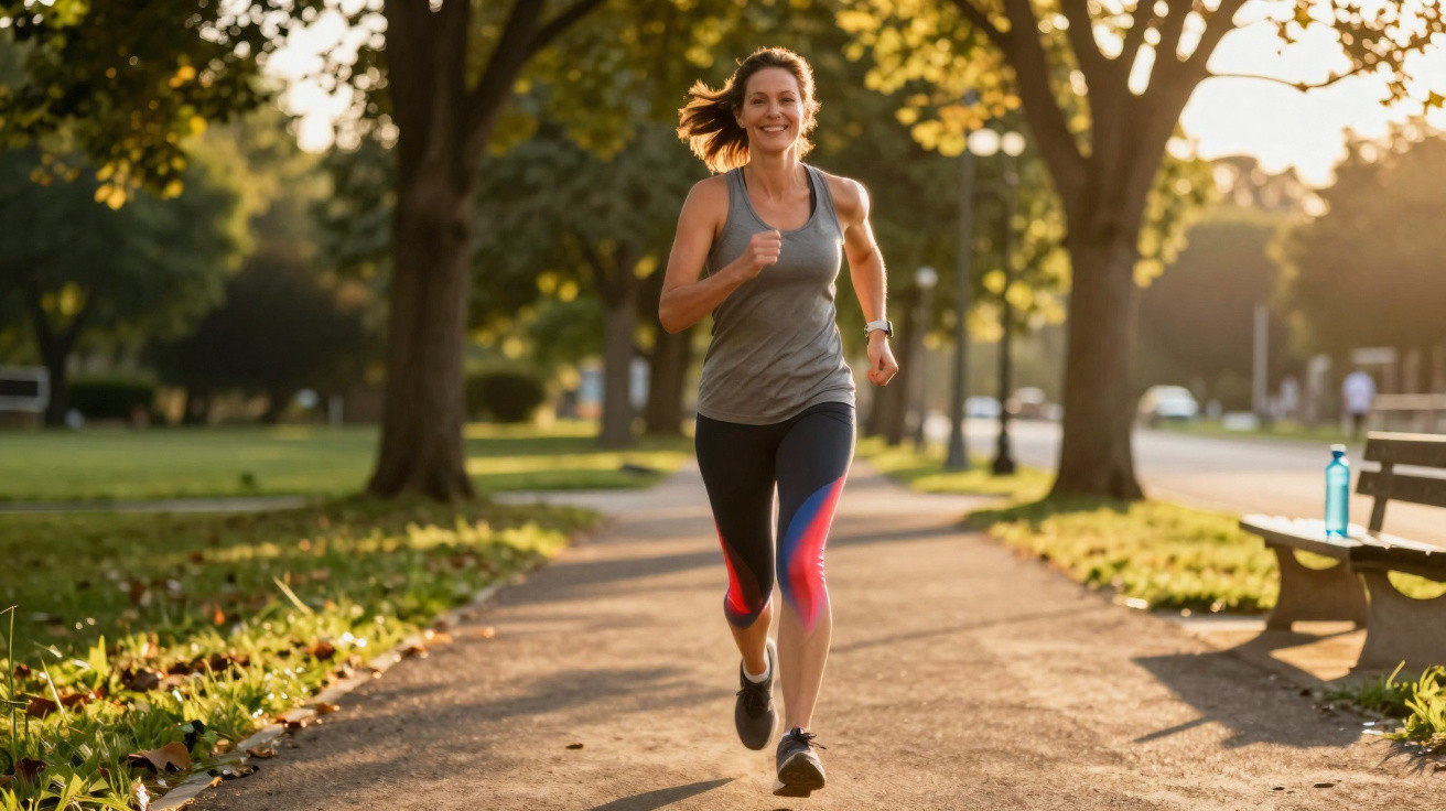 Mulher a correr ao ar livre num parque ao pôr do sol com destaque para uma articulação do joelho.