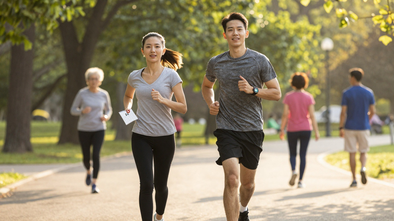 Homem e mulher a correr num parque ensolarado com outras pessoas a caminhar ao fundo.