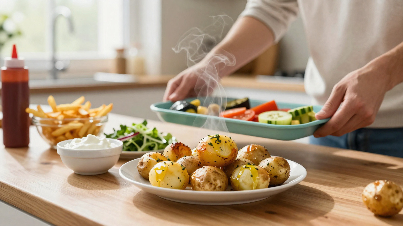 Prato com batatas quentes e temperadas, tigelas com molhos e salada, e pessoa a servir comida num tabuleiro.