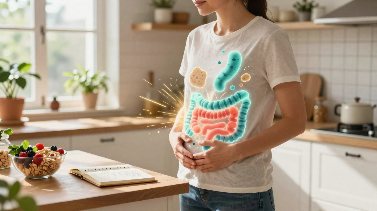 Mulher de pé na cozinha com mãos na barriga, mostrando ilustração do sistema digestivo no tronco.