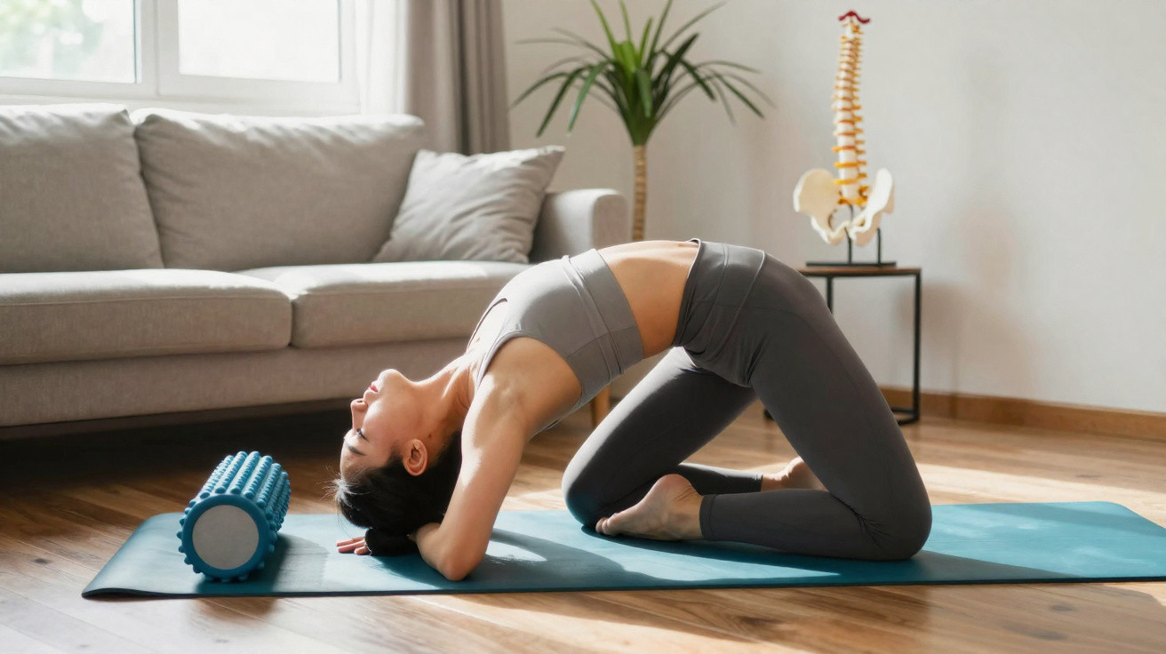 Mulher a fazer exercício de alongamento com rolo de massagem em tapete, em sala com sofá e modelo de coluna.