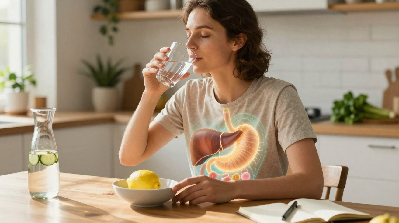 Mulher a beber água na cozinha com ilustração dos órgãos digestivos visíveis no tronco.