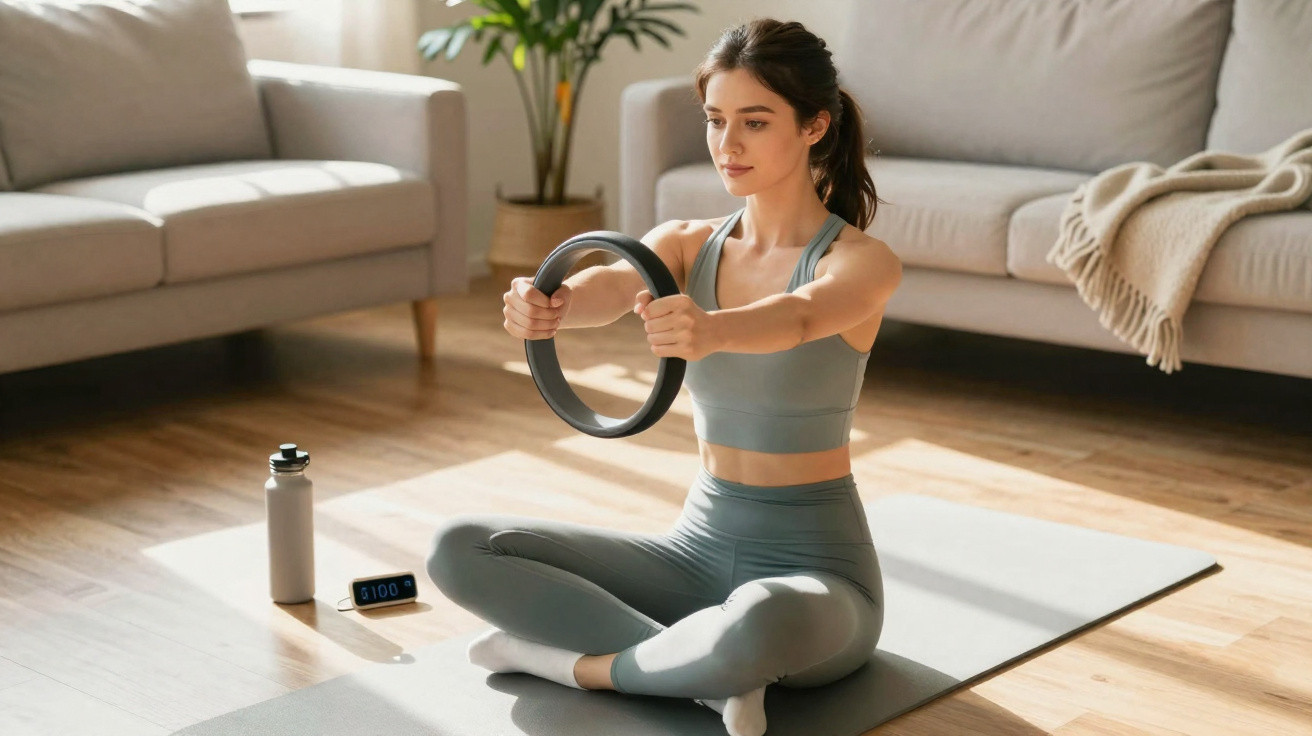 Mulher em roupa desportiva a praticar exercícios de pilates sentada no chão da sala com um anel de resistência.