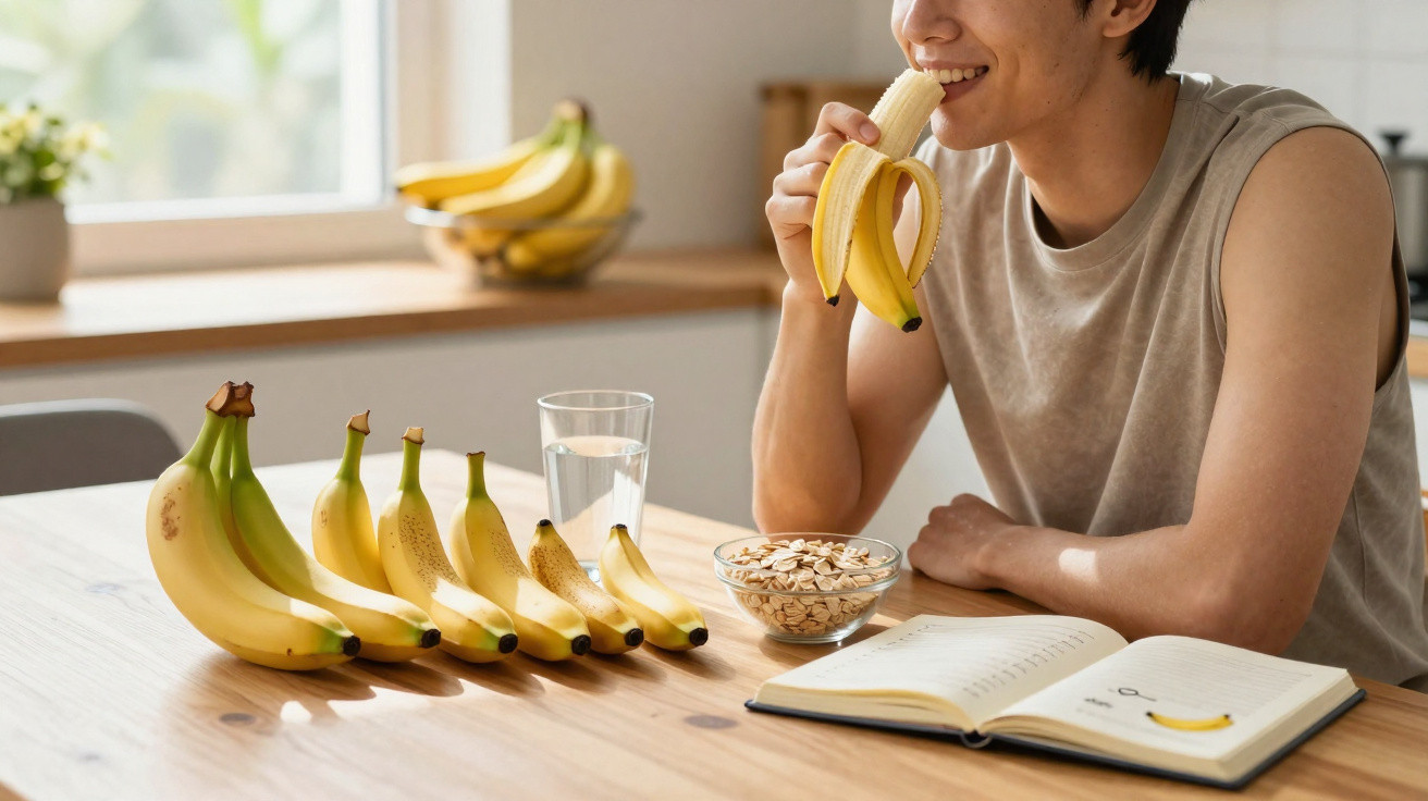 Pessoa a comer uma banana sentada à mesa com taça de cereais, copo de água e caderno aberto.