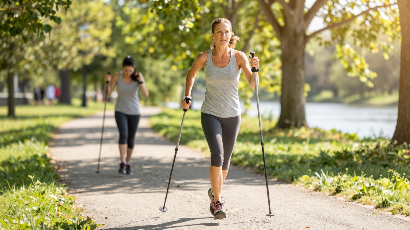 Duas mulheres a praticar caminhada com bastões num parque soalheiro, rodeadas de árvores e relva verde.