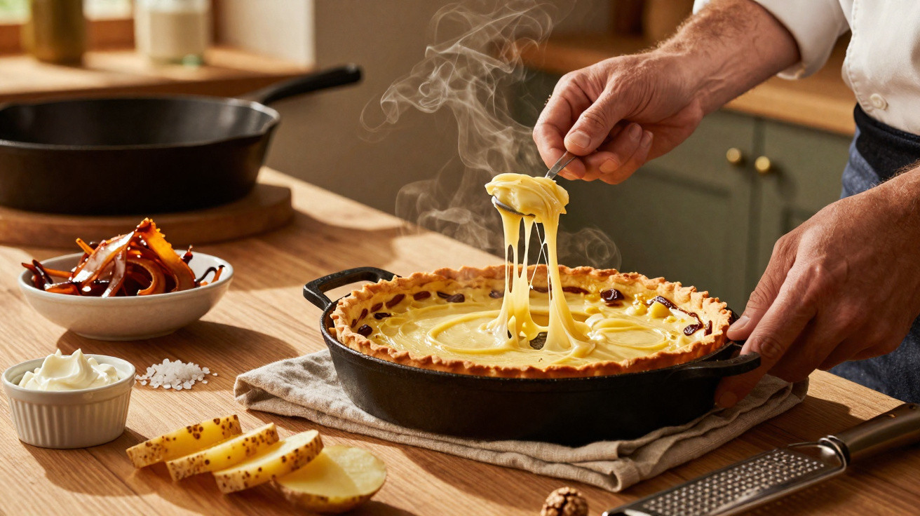 Pessoa a servir torta cremosa de queijo de frigideira quente numa cozinha acolhedora.