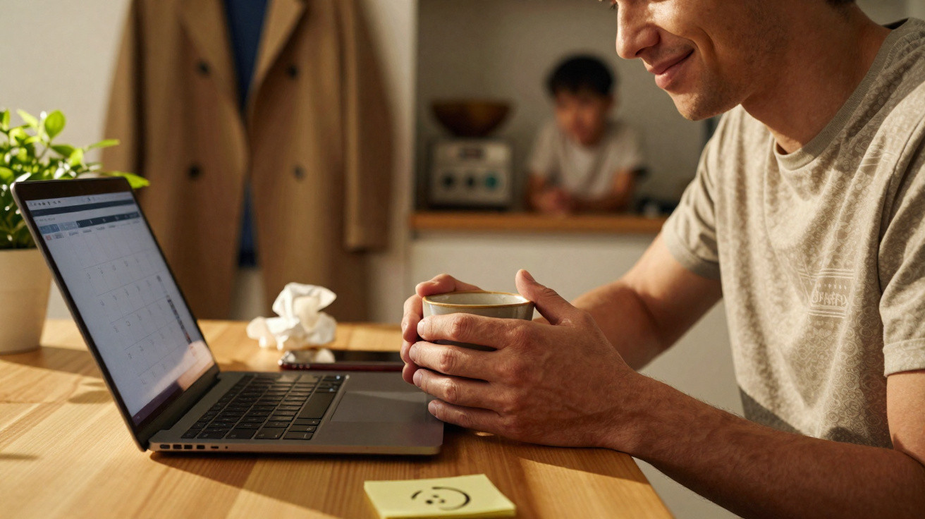 Homem a trabalhar num computador portátil enquanto segura uma chávena, numa mesa de madeira com ambiente acolhedor.
