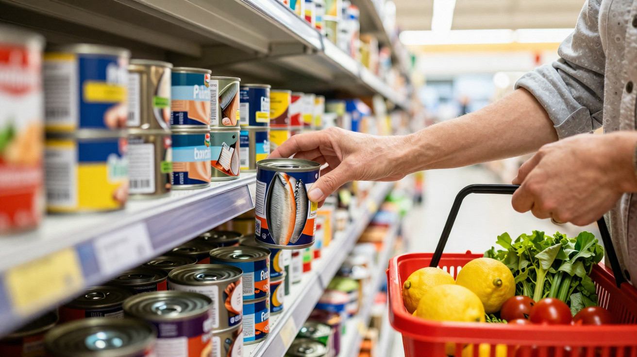 Pessoa a apanhar uma lata de comida enlatada numa prateleira de supermercado com um cesto vermelho cheio de frutas e vegetais