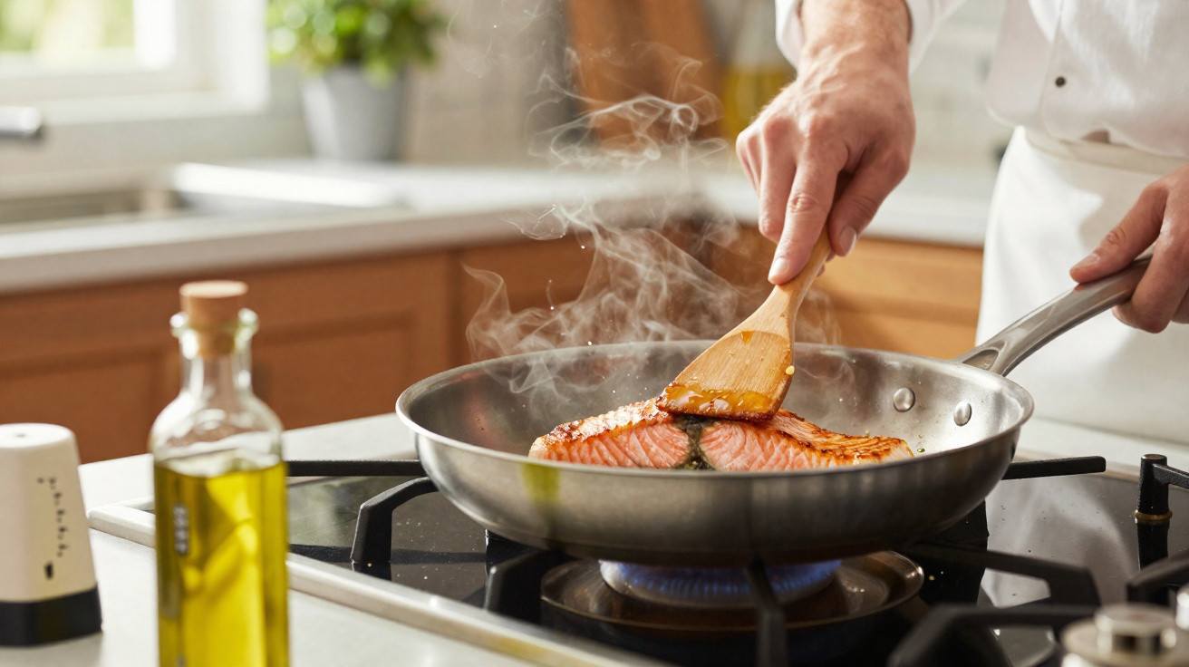 Pessoa a cozinhar salmão numa frigideira com espátula de madeira numa cozinha moderna.