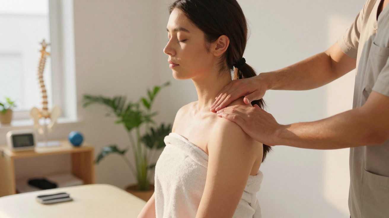 Mulher a receber massagem no ombro feita por terapeuta num ambiente calmo e luminoso.