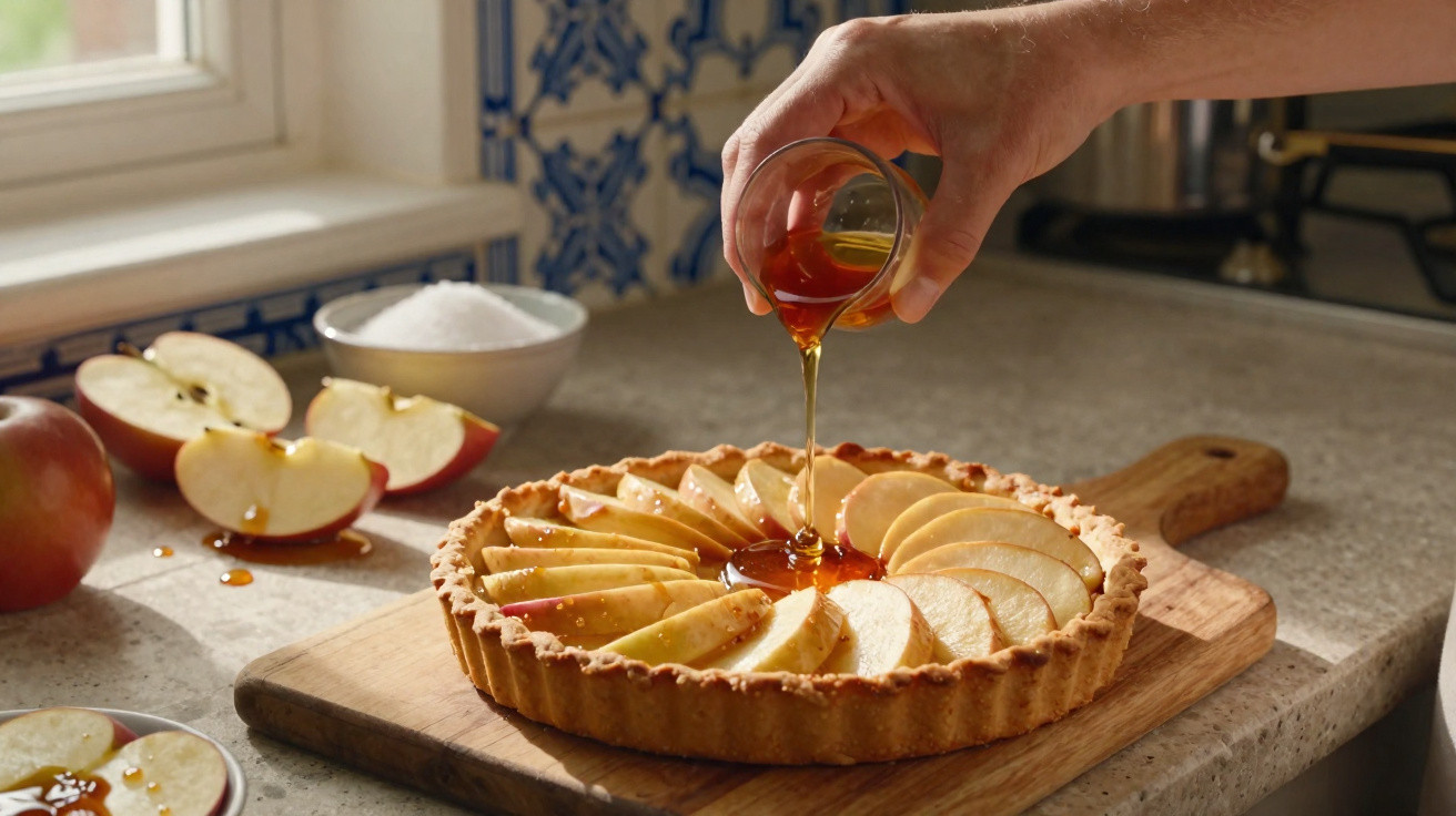 Pessoa a verter mel sobre tarte de maçã colocada numa tábua de madeira numa cozinha tradicional.