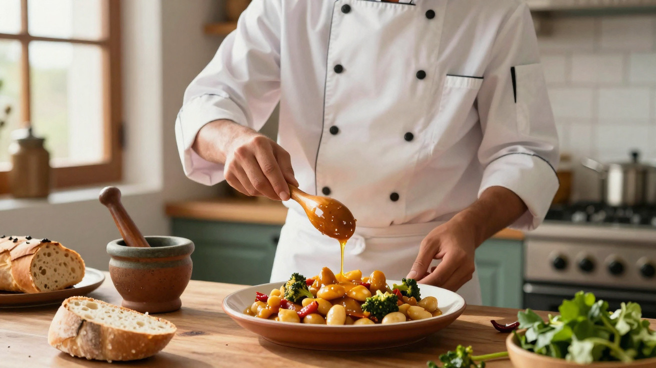 Chef a servir molho sobre prato de legumes e grão com pão, numa cozinha luminosa e moderna.