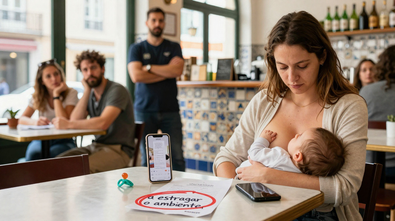 Mulher a amamentar bebé sentada numa mesa de café com pessoas ao fundo e telemóvel em destaque.
