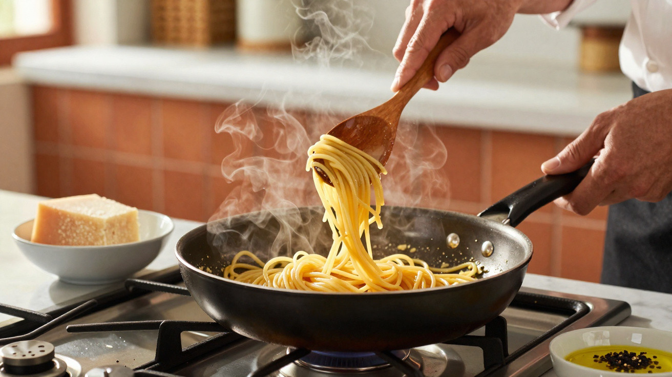 Mãos a cozinhar esparguete numa frigideira com vapor, ao fogão, com azeite e queijo ao lado.