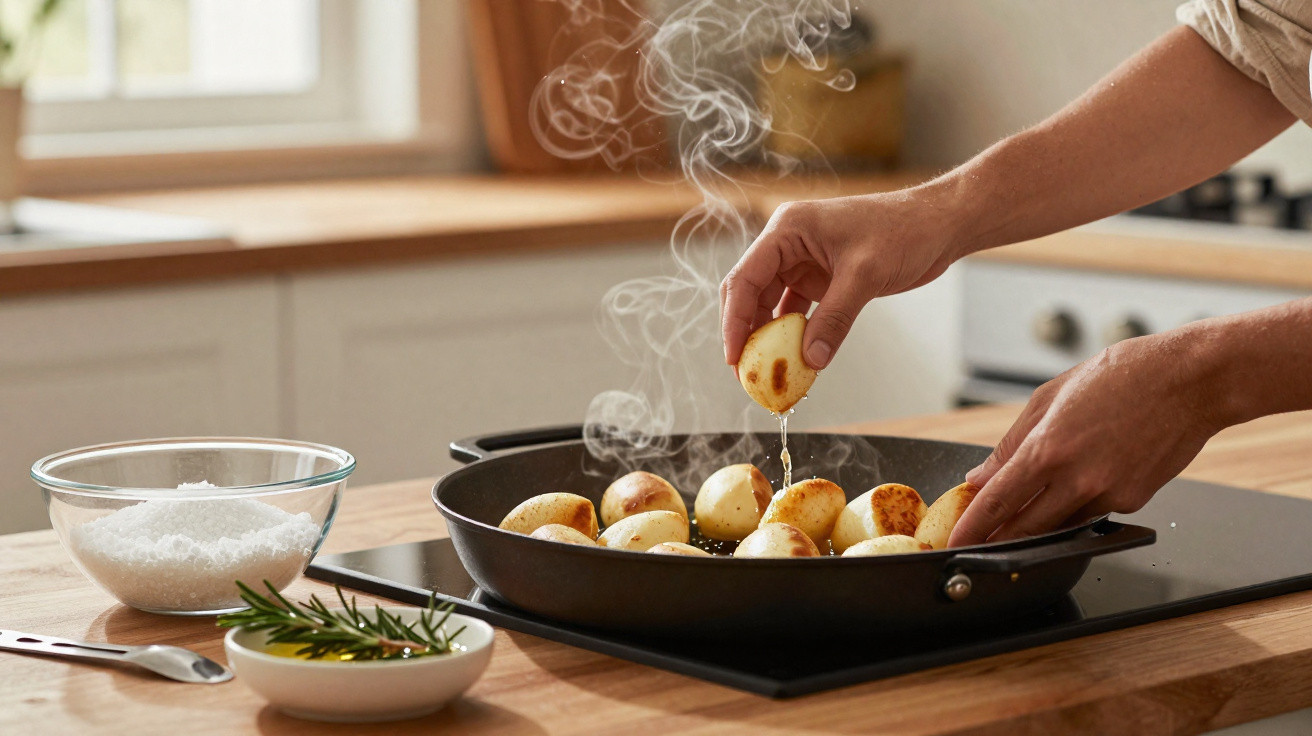 Mãos temperando batatas numa assadeira quente numa cozinha iluminada pela luz natural da janela.