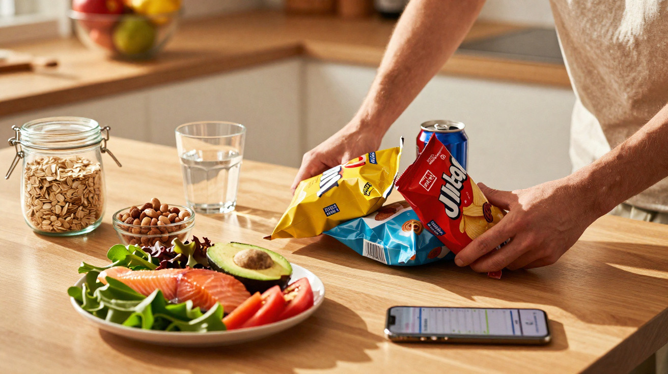 Mãos a escolher pacote de batatas fritas numa mesa com comida saudável, frutos secos, e um smartphone.