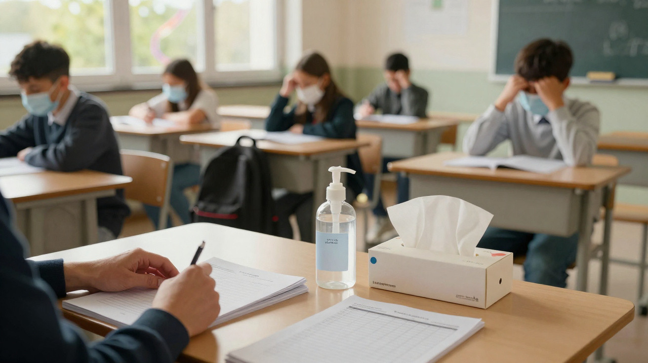 Aluno a fazer exame numa sala de aula com máscara, com líquido desinfetante e lenços no primeiro plano.