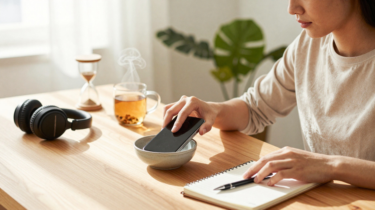 Pessoa a guardar telemóvel numa taça, com caderno aberto e caneta numa mesa de madeira, acompanhado de chá quente e ampulheta