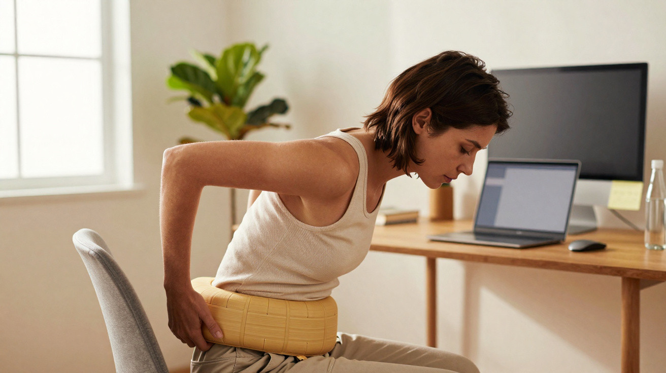 Mulher sentada no escritório a usar almofada ergonómica para aliviar dores nas costas.