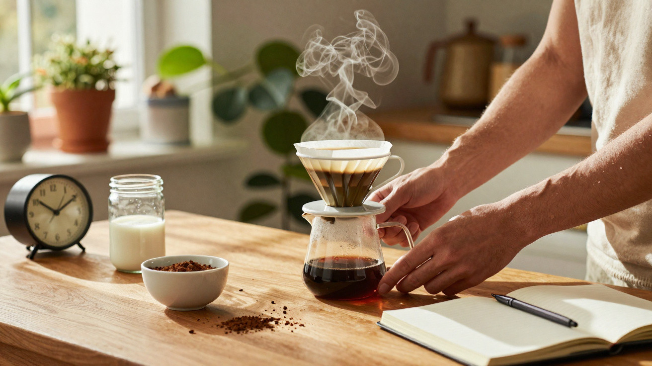 Pessoa a preparar café coado em suporte branco num ambiente luminoso de cozinha com plantas e objetos na mesa.
