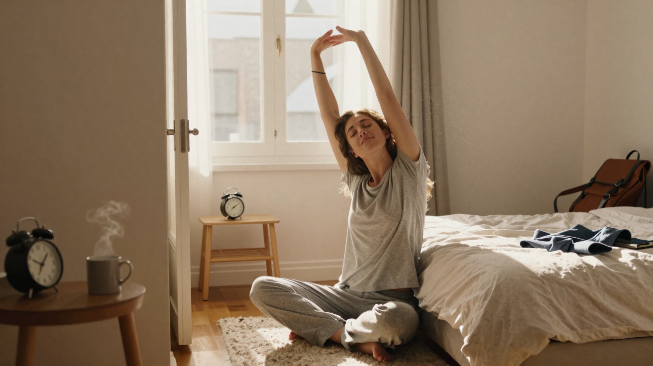 Mulher a espreguiçar-se sentada na cama numa manhã iluminada por luz natural numa quarto minimalista.