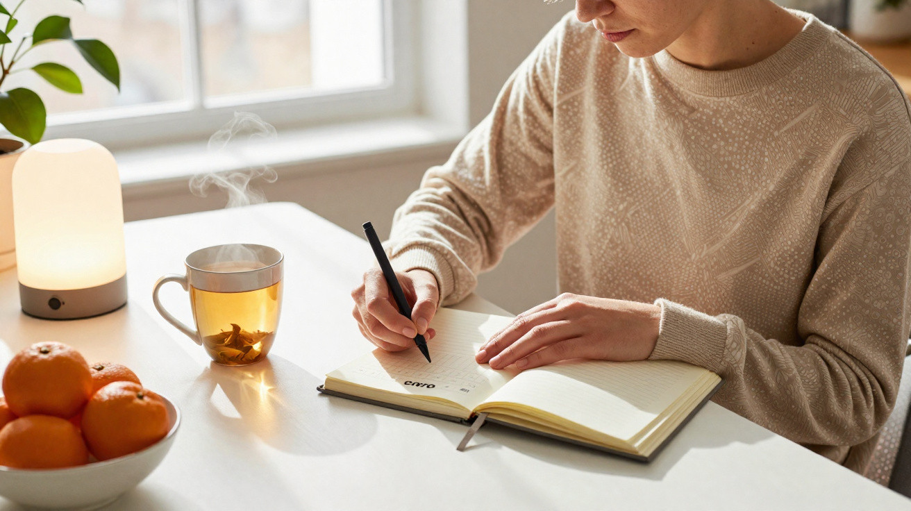Pessoa a escrever num caderno numa mesa com chá quente, lâmpada acesa e uma taça de tangerinas.