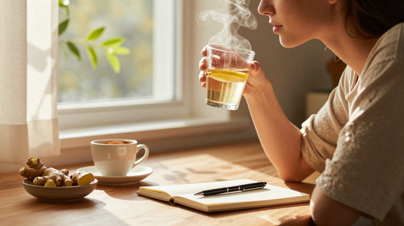 Pessoa a beber chá quente com limão e gengibre junto a janela, com caderno e chávena na mesa de madeira.
