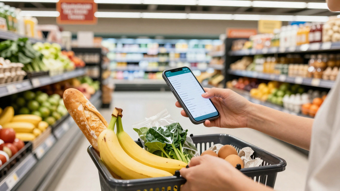 Pessoa a fazer compras no supermercado com telemóvel numa mão e cabaz com fruta, ovos, espinafres e pão na outra.