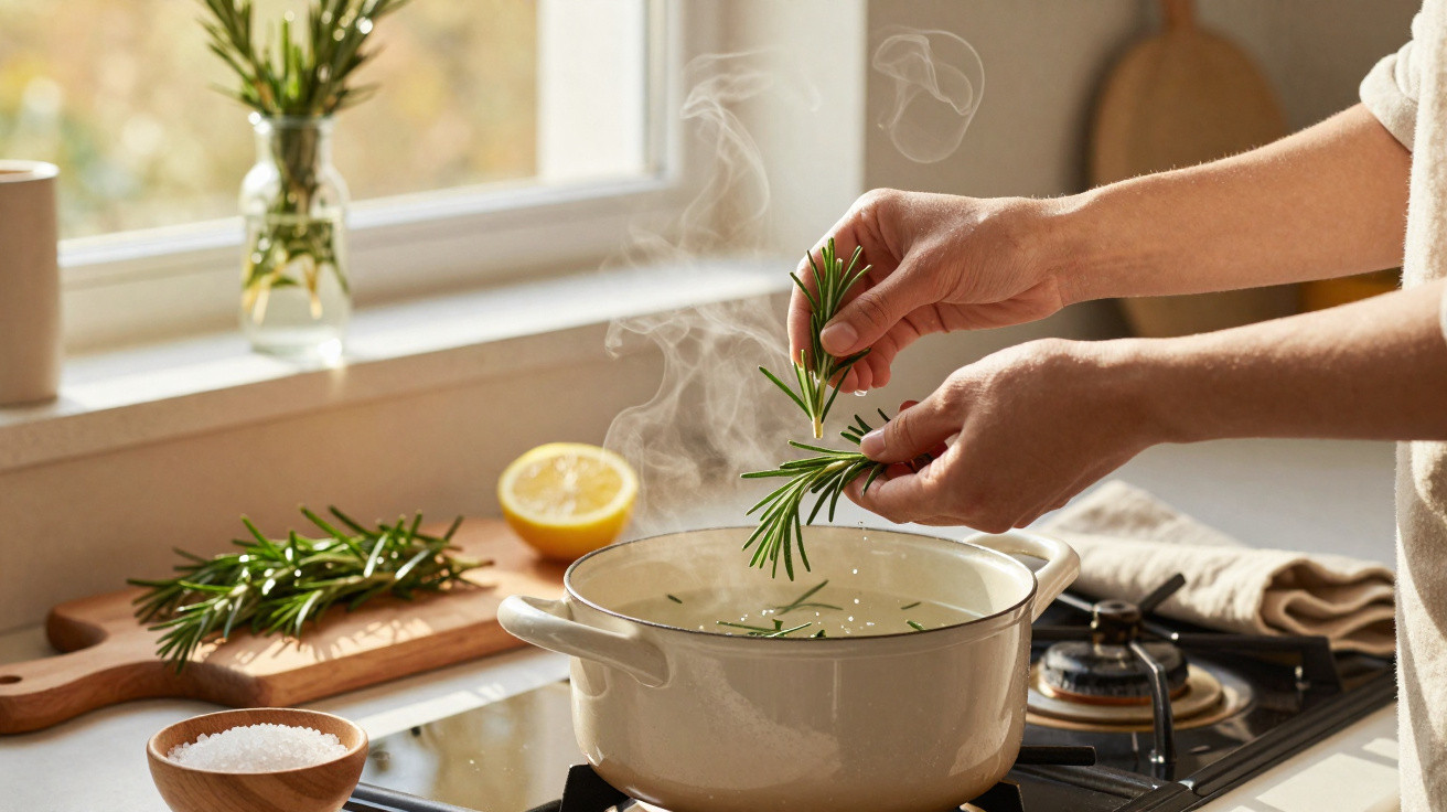 Mãos a colocar alecrim numa panela com água a ferver numa cozinha luminosa junto à janela.