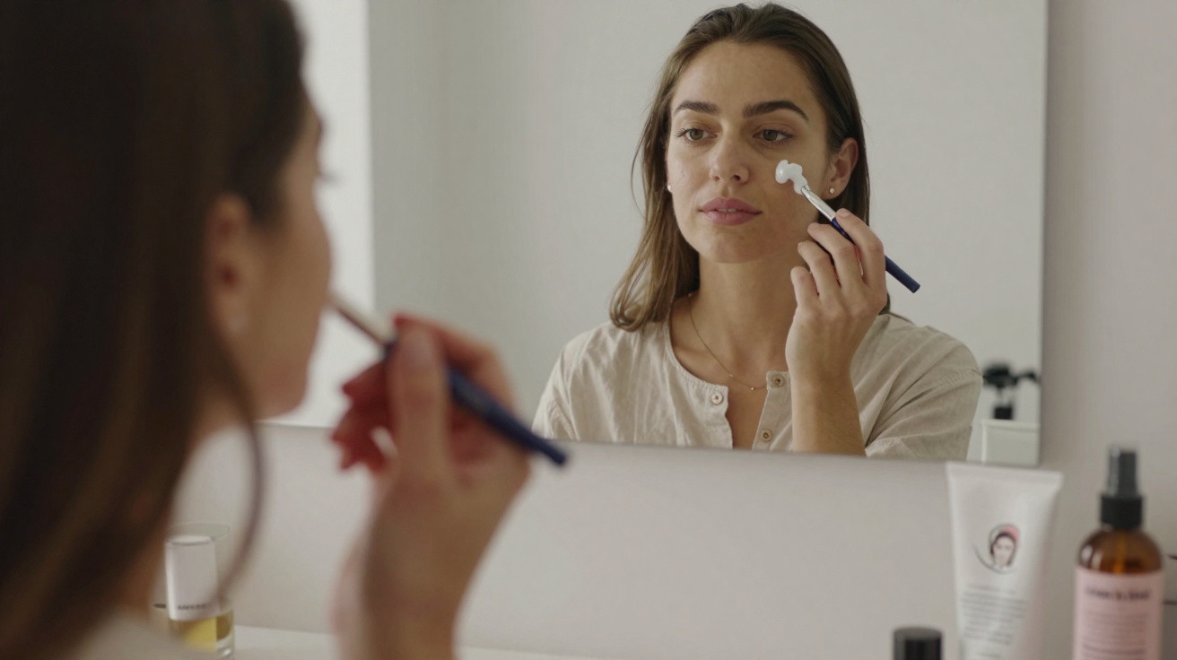 Pessoa aplica corretor de maquilhagem nas costas da mão junto a produtos de skincare numa secretária.