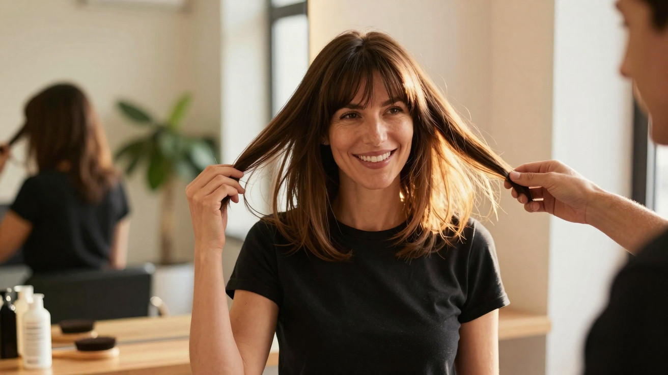 Mulher sorridente num salão de cabeleireiro, enquanto profissional mexe no seu cabelo castanho.