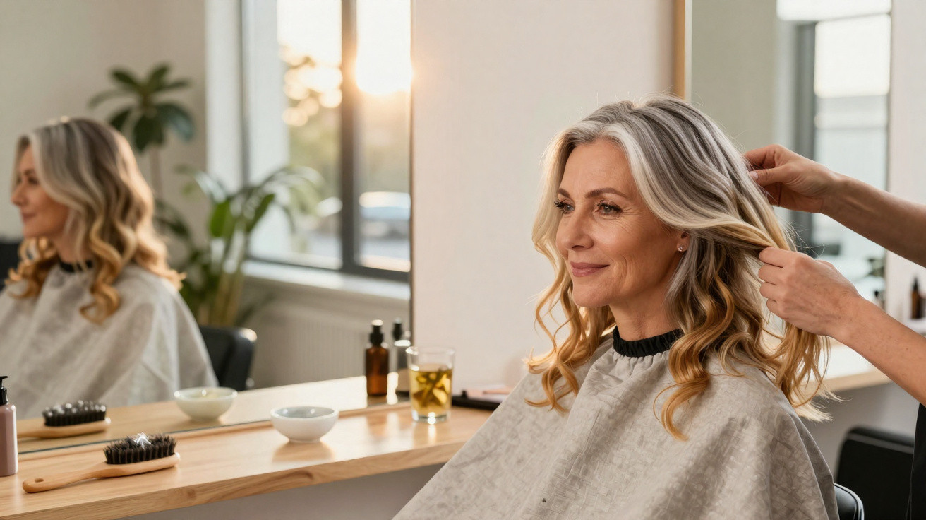 Mulher loira com cabelo ondulado sendo penteada num cabeleireiro, sentada a olhar para o espelho.
