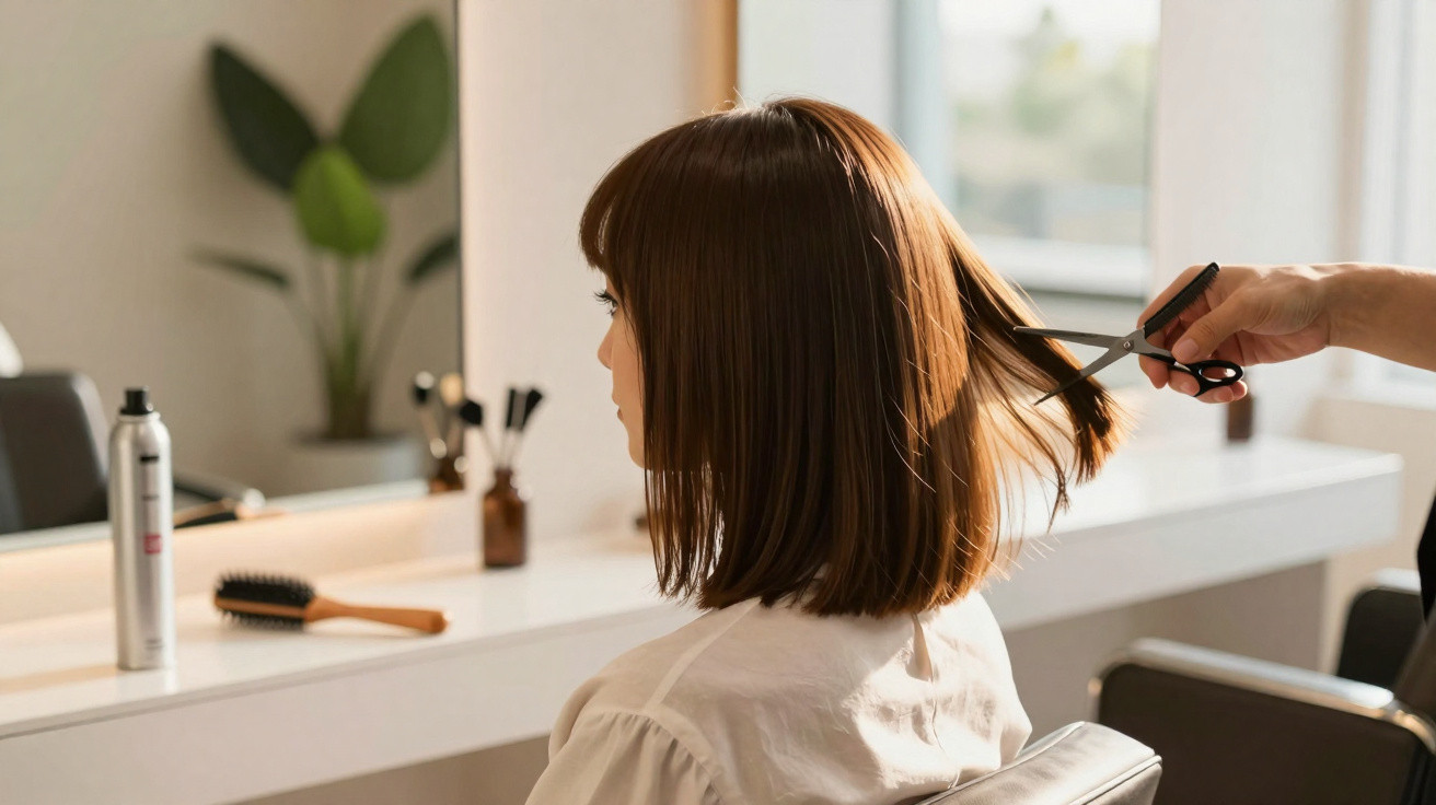 Mulher sentada em cabeleireiro a receber corte de cabelo com tesoura e pente.