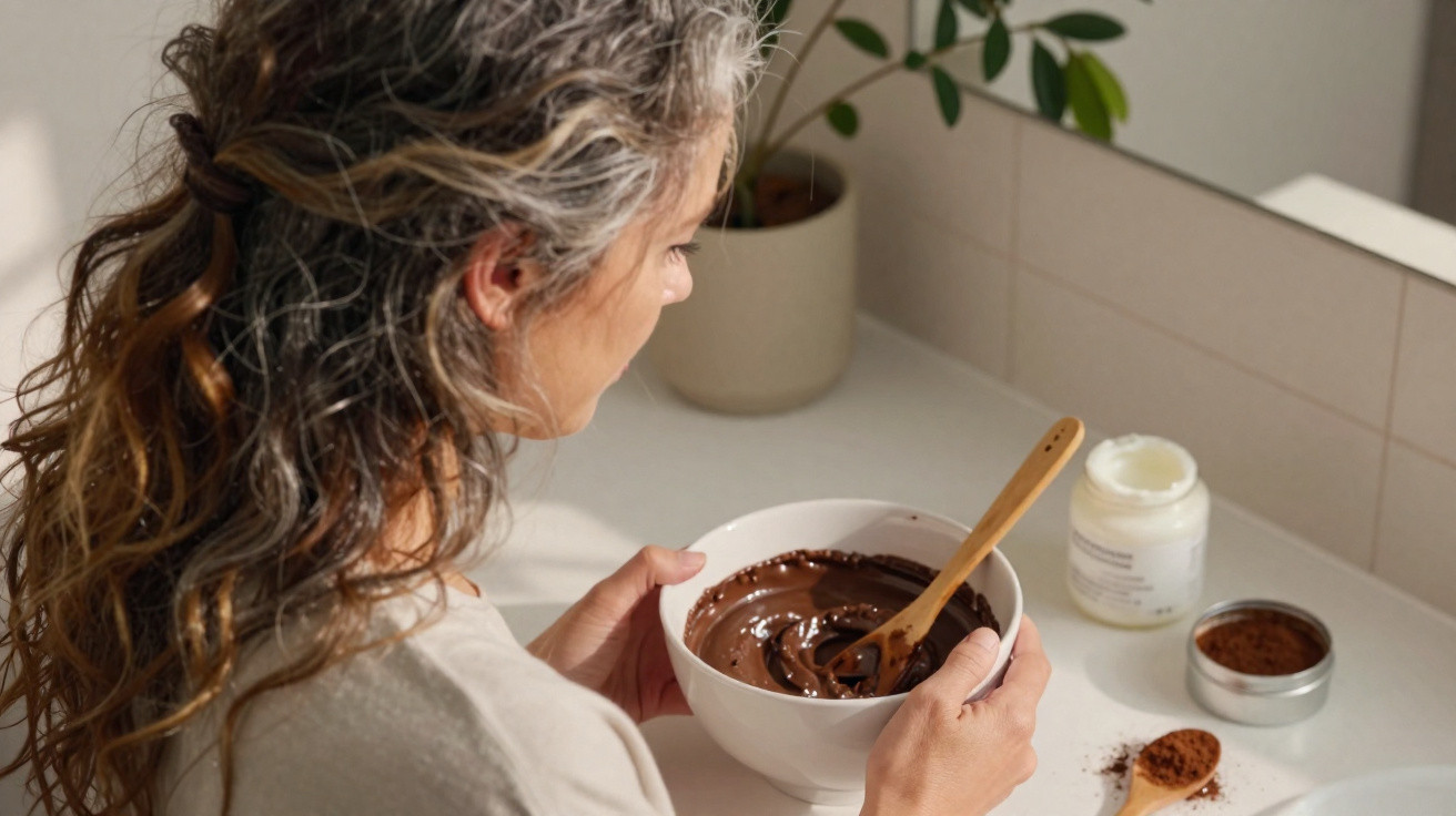 Pessoa a mexer uma mistura escura num recipiente branco, com frascos e plantas ao fundo numa bancada branca.