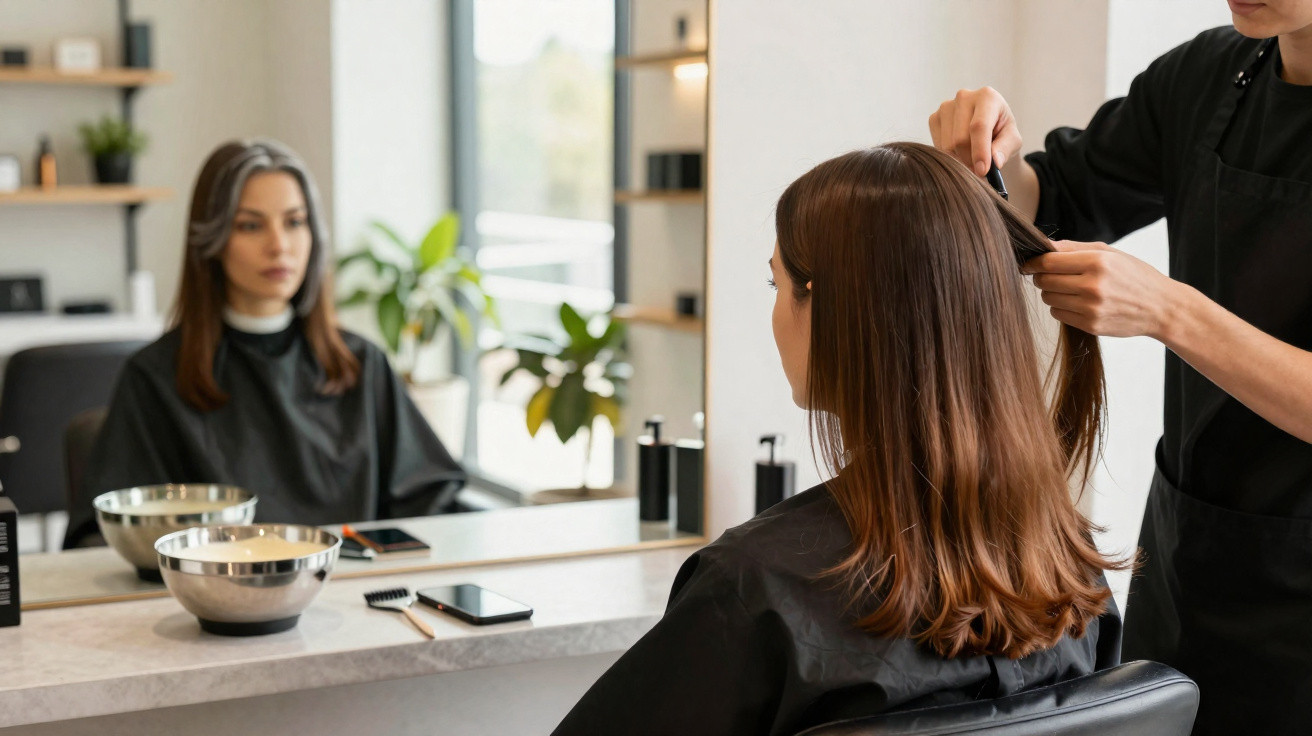 Homem a pintar cabelo de mulher num cabeleireiro moderno com espelho e luz natural.