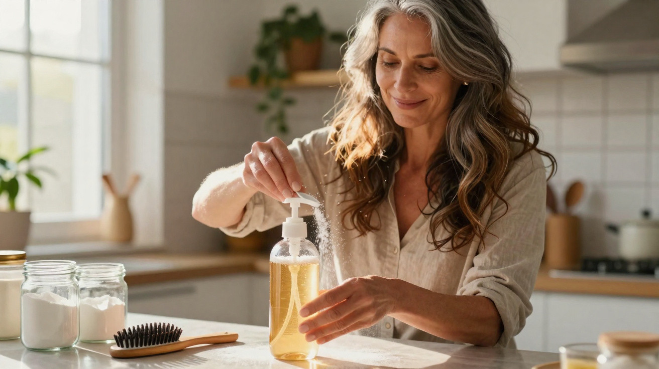 Mulher sorridente na cozinha a adicionar pó em sabonete líquido com colher.