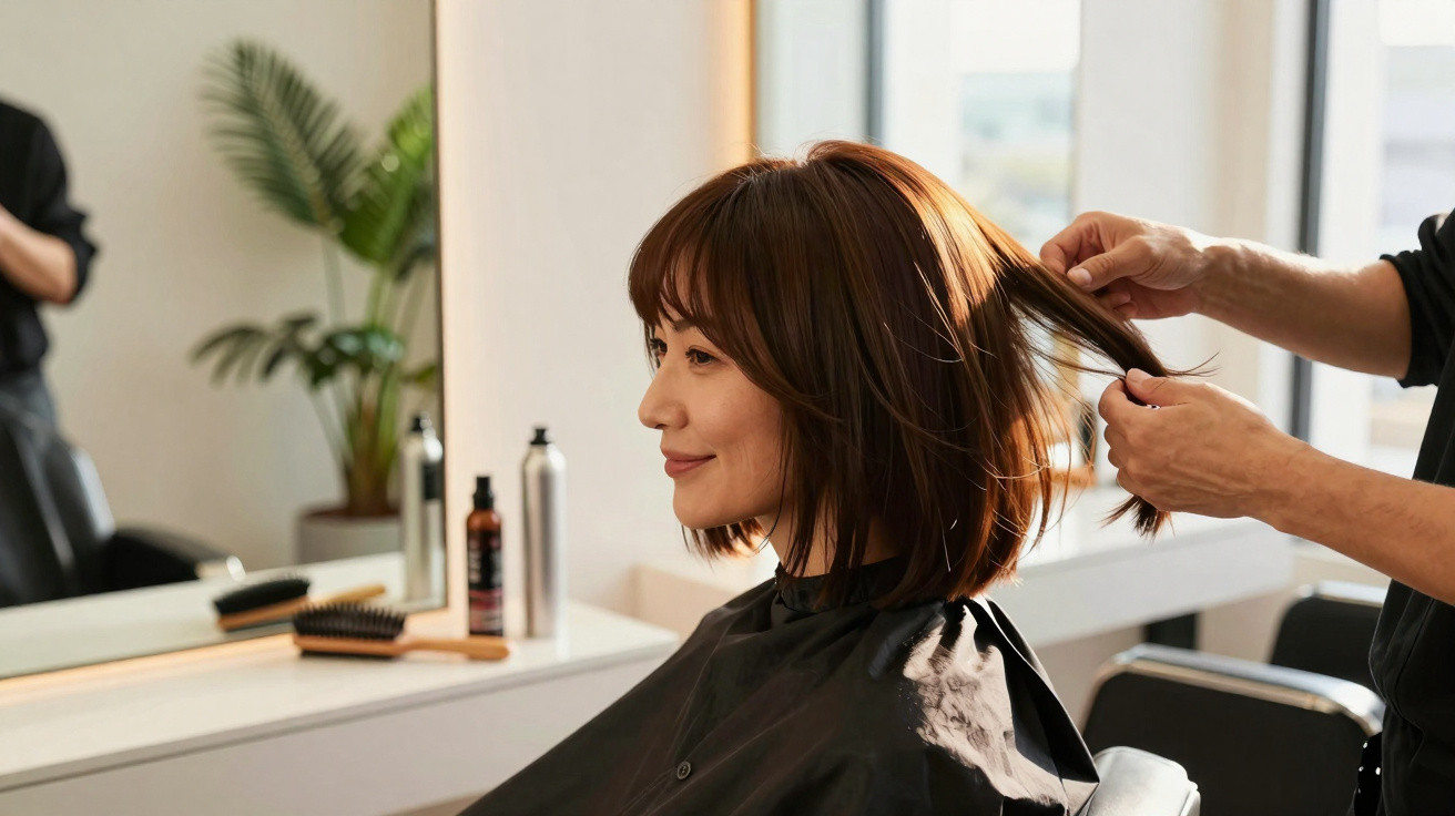 Mulher sorridente com cabelo castanho curto a ser penteada numa cadeira de cabeleireiro.