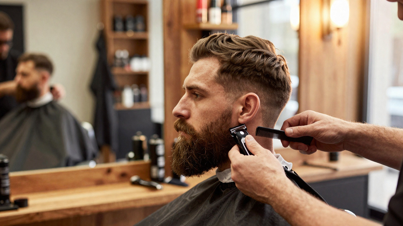 Homem a ter a barba aparada com máquina elétrica numa barbearia moderna.