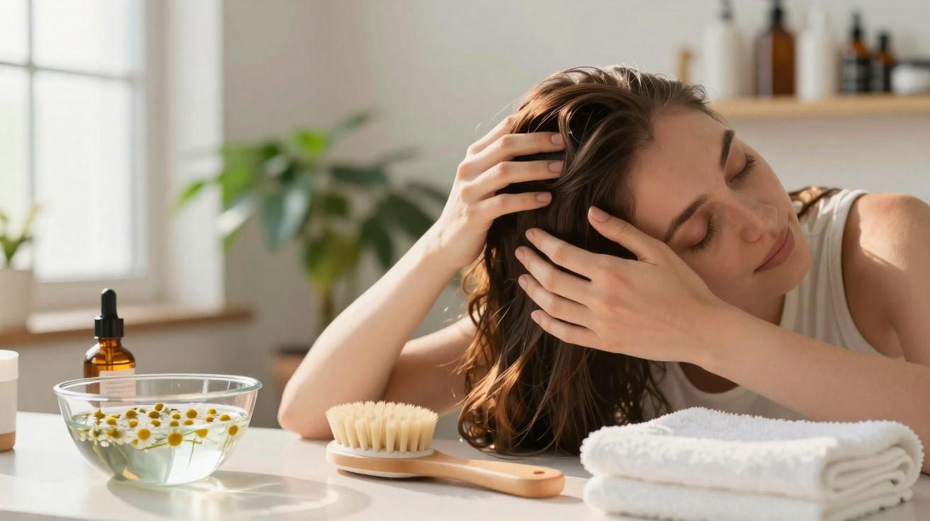 Mulher com cabelo molhado a massajar o couro cabeludo numa casa de banho com produtos de beleza naturais.