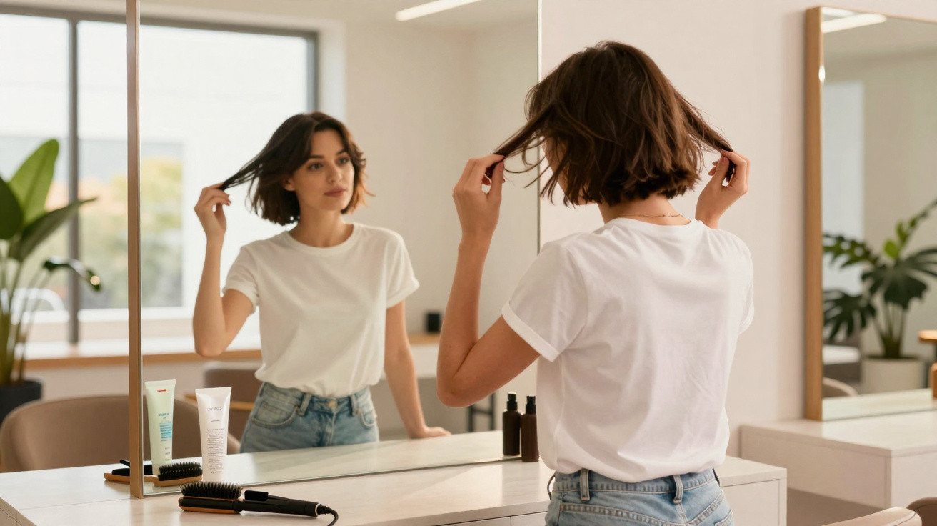 Mulher de cabelo curto ajeita o cabelo em frente ao espelho numa casa com luz natural.