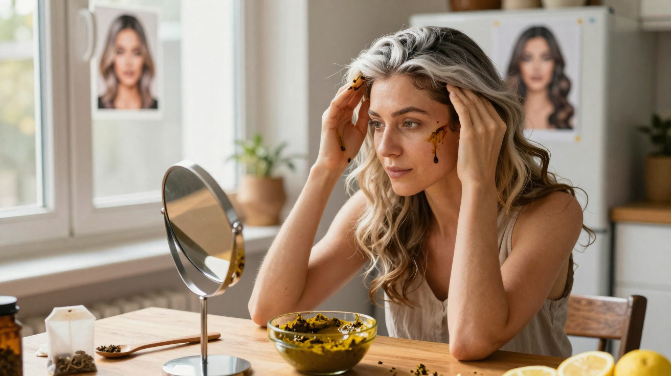 Mulher aplica máscara facial caseira sentada à mesa junto a uma janela, com espelho e ingredientes naturais.