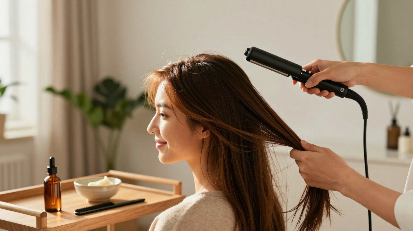 Mulher sentada enquanto alisam o cabelo com um alisador numa sala iluminada com planta e produtos no fundo.