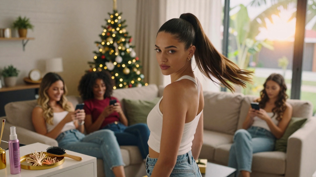 Jovem mulher de cabelo apanhado em rabo de cavalo, com outras três amigas no sofá, em sala decorada para o Natal.