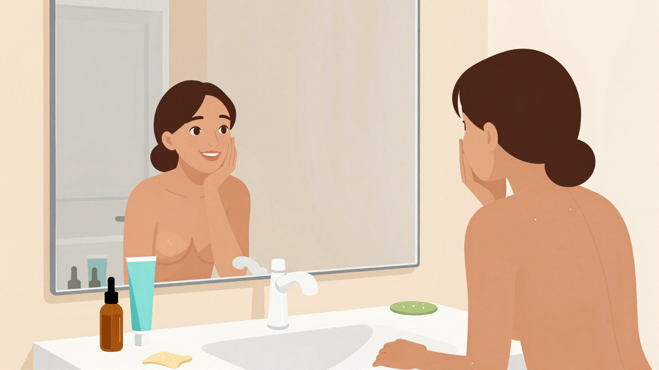 Ilustração de uma mulher sorridente a olhar-se ao espelho de casa de banho.