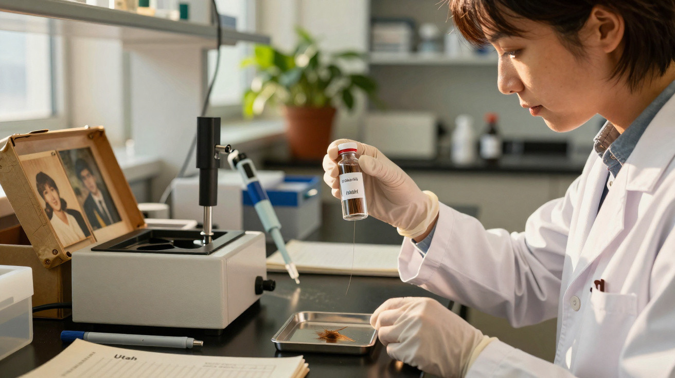 Cientista em laboratório a analisar amostra num tubo de ensaio, usando bata e luvas de proteção.