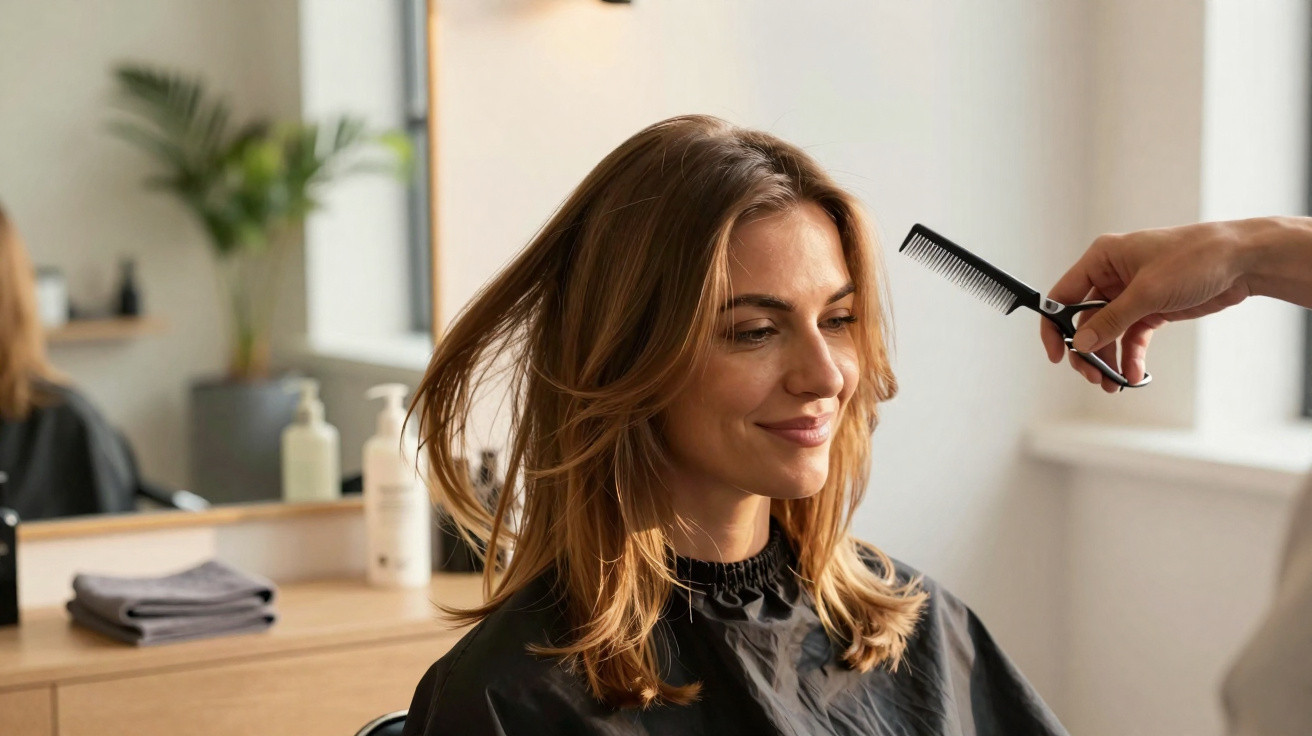 Mulher loira sorridente a cortar cabelo num salão de beleza com luz natural.