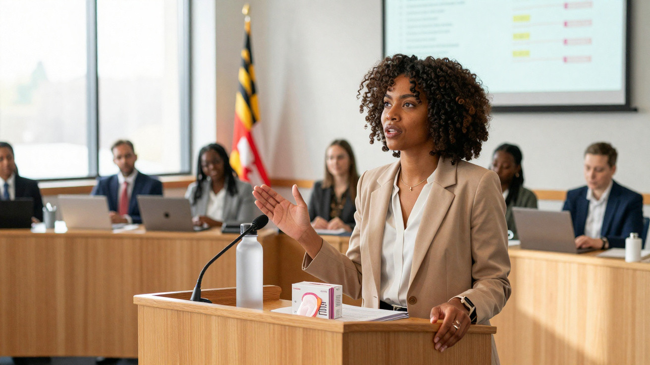 Jovem a apresentar-se em tribunal, com quatro pessoas sentadas ao fundo a analisar a situação.