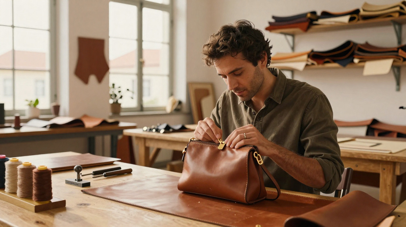 Homem a coser de forma detalhada uma bolsa de couro castanho numa oficina iluminada pelo sol.