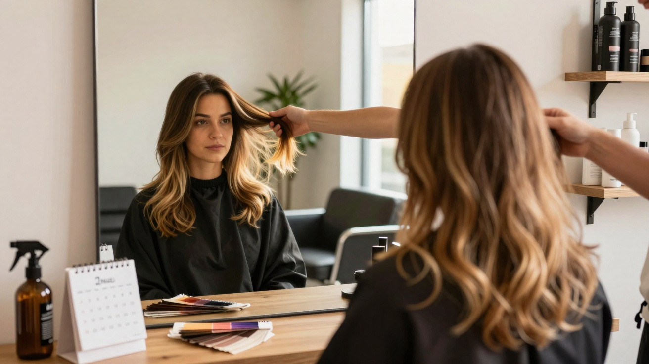 Cliente sentada em cadeira de cabeleireiro enquanto profissional ajusta o seu cabelo num salão moderno.