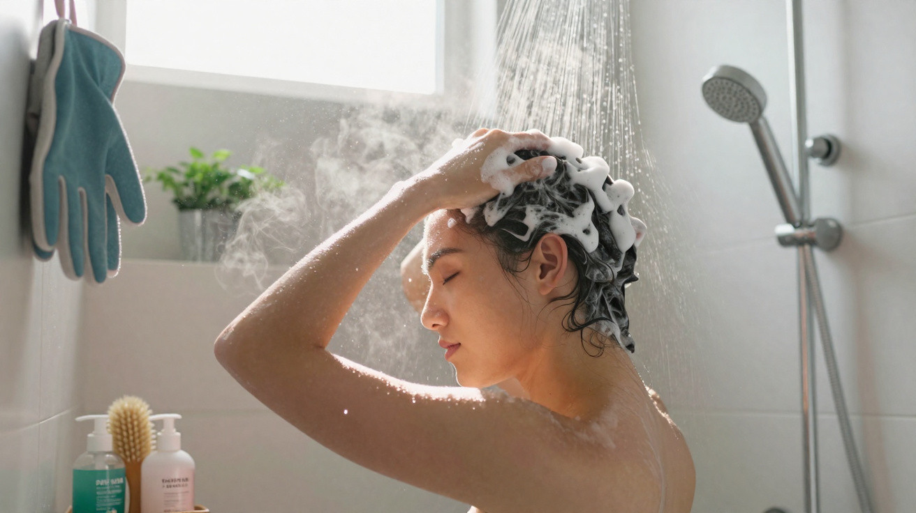 Homem a lavar o cabelo com espuma numa ducha numa casa de banho iluminada e moderna.